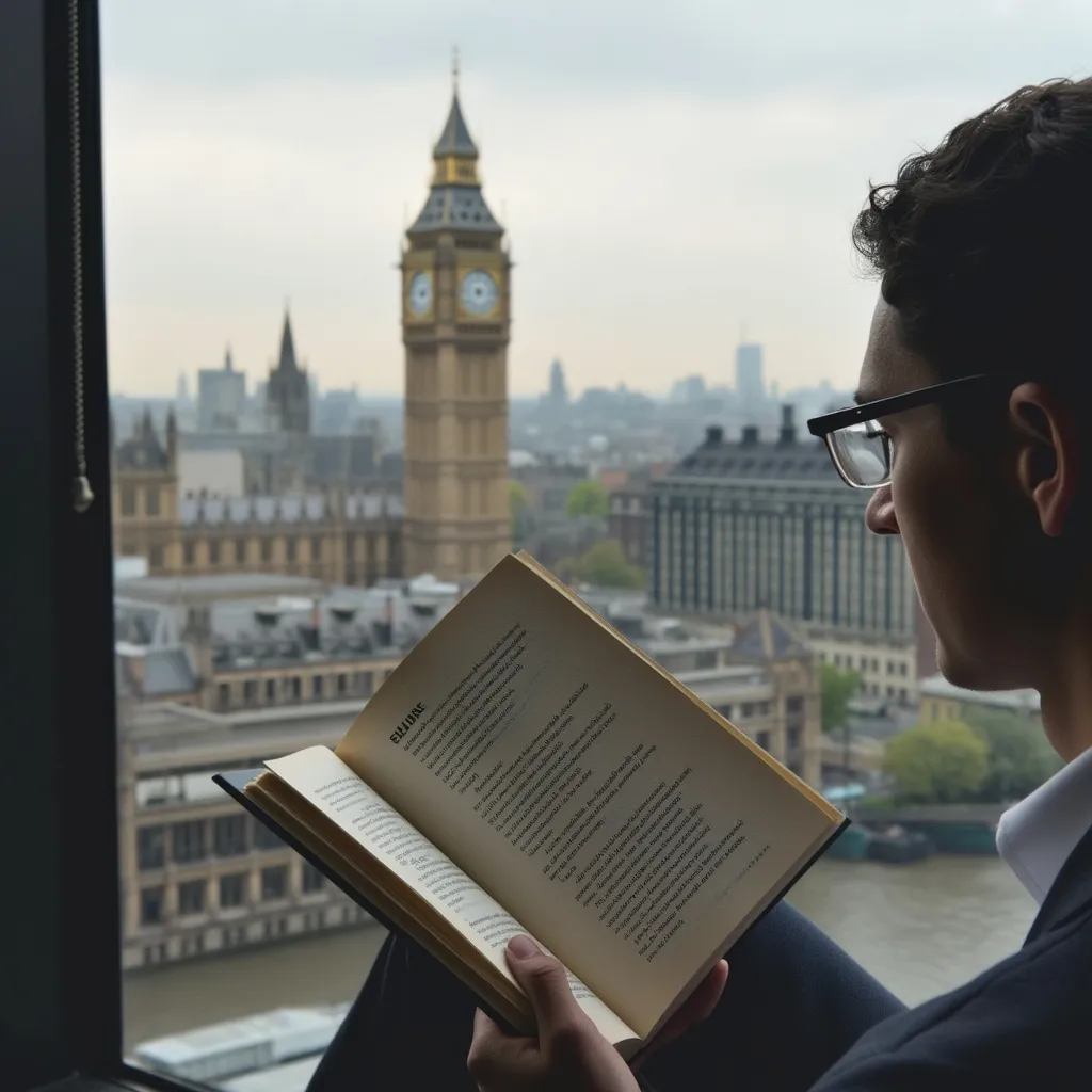 Person reading a business book with London skyline view